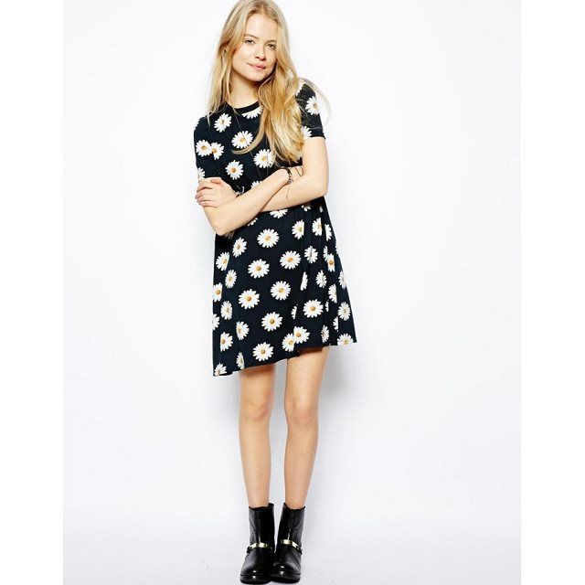 Womens Street Fashion Sunflower Daisy Print Short Sleeve Mini Dress S M