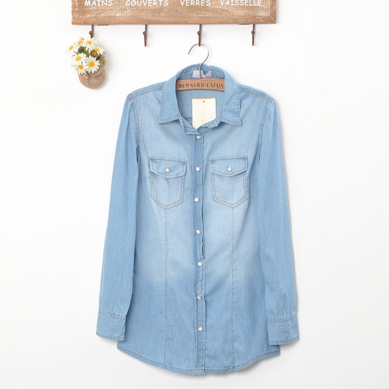 New Womens European Fashion Pocket Collar Denim Jean Long Sleeve Shirts