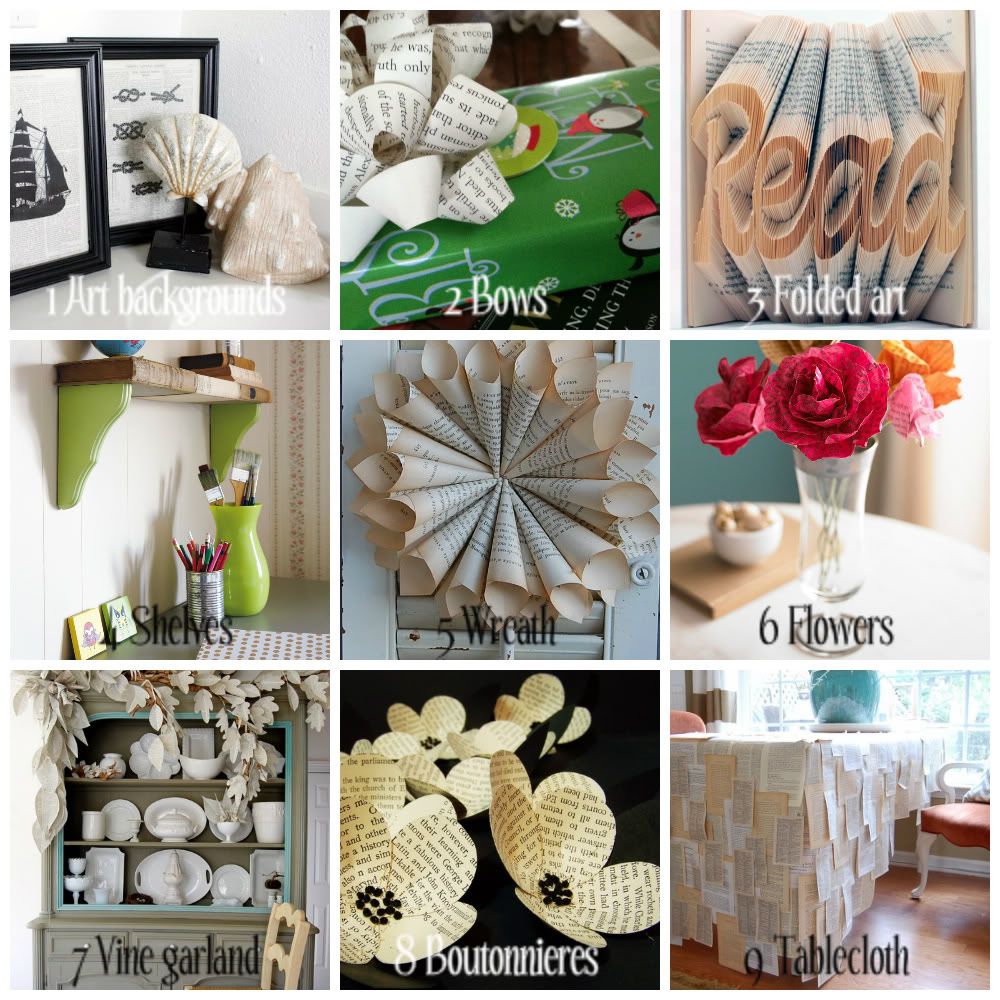 Quirky Bookworm // Pinterest-inspired Book Art. Book bows, book wreaths, printed book art, book flowers, book garlands, and more!