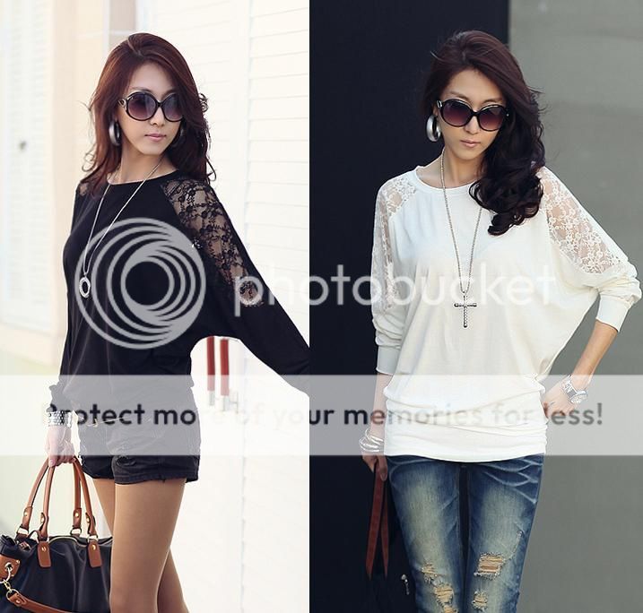 New Womens Korean Fashion Bat Long Sleeve Lace Stitching T Shirts E210