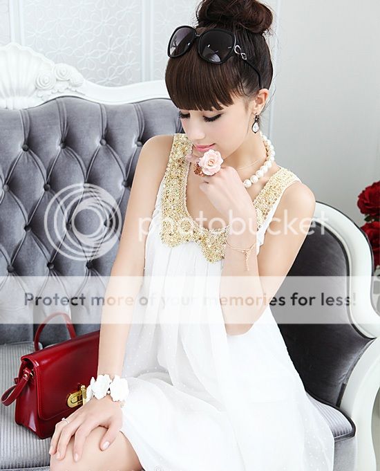 New Womens European Palace Gold Collar Doll Sleeveless Chiffon White Dress E306