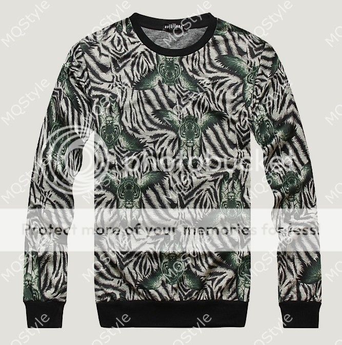 Mens Casual Crewneck Tiger Print Long Sleeve Hip Hop Stylish Shirts Hoodies N511