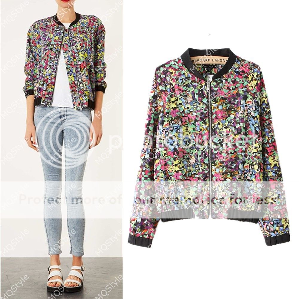 New Womens European Fashion Flower Print Slim OL Zip Blazer Coat Jacket B3105C