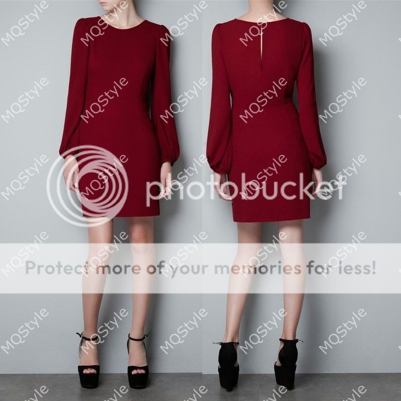Women Fashion Sexy Round Neck Puff Long Sleeve Bodycon Mini Dress Red B3346MK