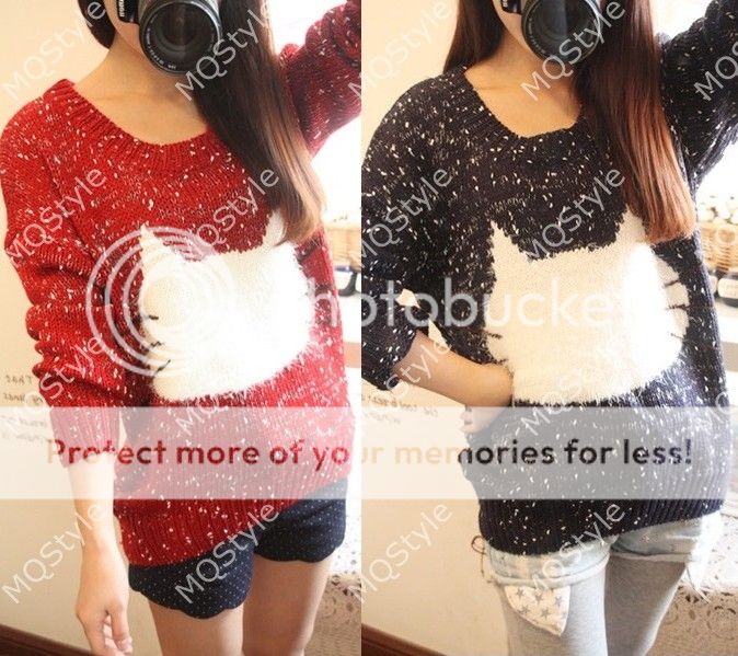 New Womens Crew Neck Cute Cat Embroidery Knit Pullover Sweater 3 Colors E939