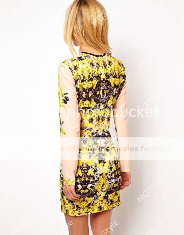 Womens European Fashion Yellow Flower Print Long Sleeve Bodycon Dress B3556BW