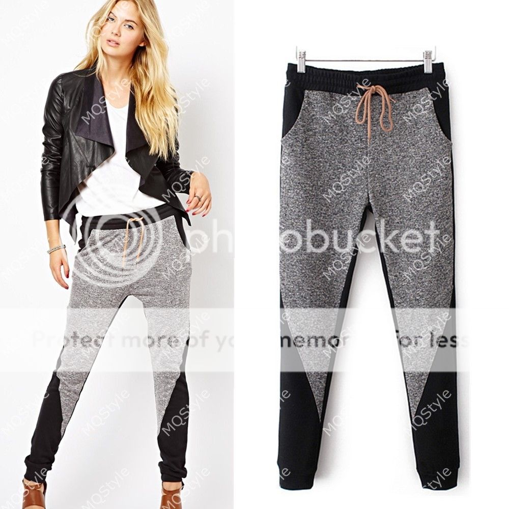 Womens European Fashion Loose Splice Print Belt Casual Gray Pants B3569
