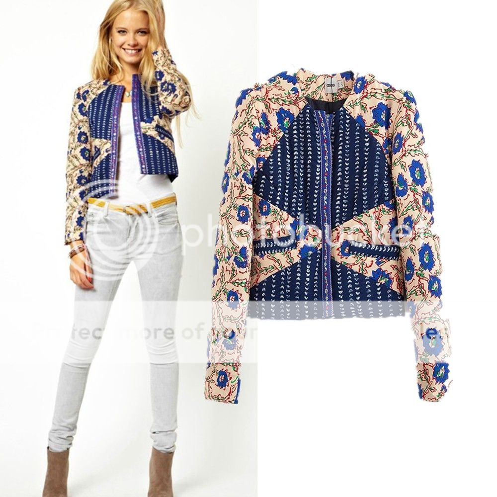 Womens European Fashion Palace Print Slim Crewneck Blazer Coat Jacket B3663MS