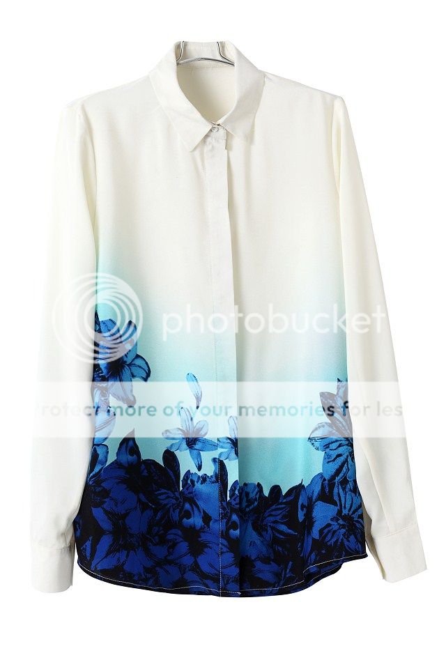 New Womens European Fashion Collar Blue Flower Print Shirts Blouse B3704MS