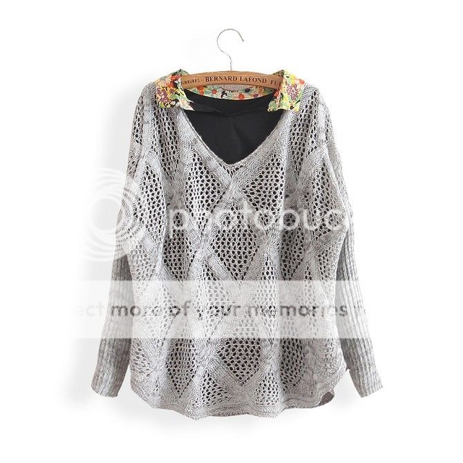 Womens Fashion Loose V Neck Hollow Long Sleeve Knit Sweaters Gray B3709