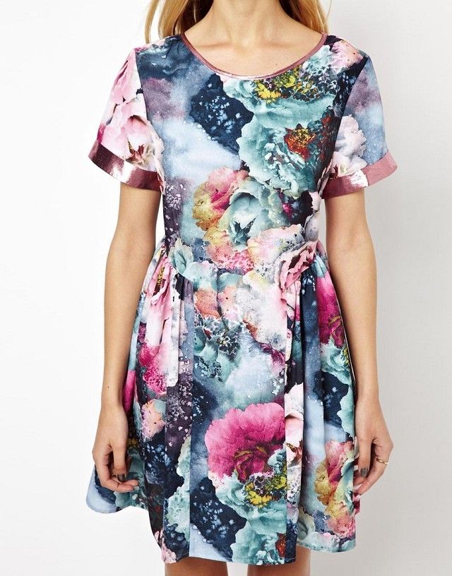 Womens European Fashion Dream Flower Crewneck Short Sleeve Dress B3713MS