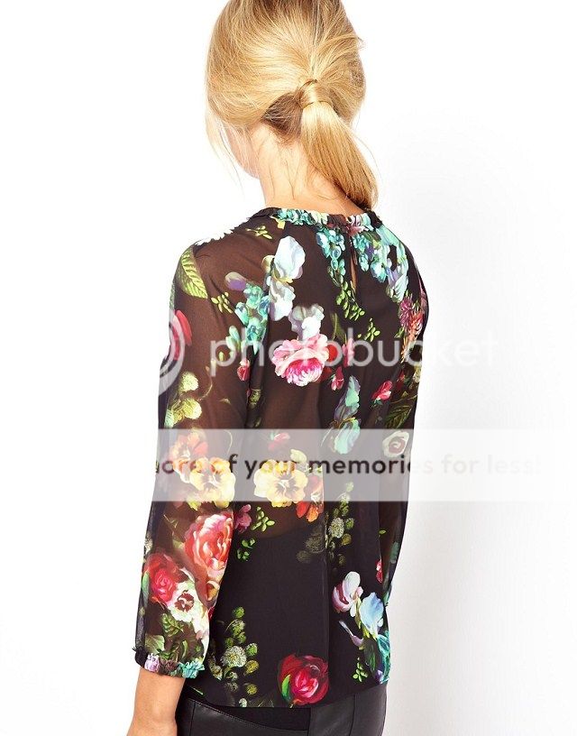 New Womens European Fashion Crewneck Flower Print Chiffon Shirts Blouse B3775