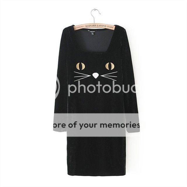 Womens European Fashion Long Sleeve Crewneck Cat Face Print Slim Dress B3795