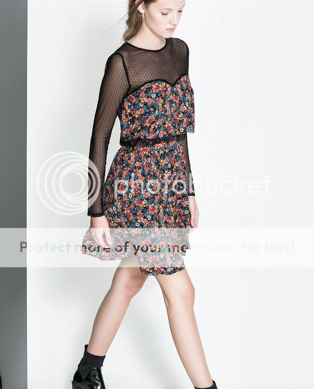 Womens European Fashion Crewneck See thru Gauze Splice Flower Mini Dress B3938MS