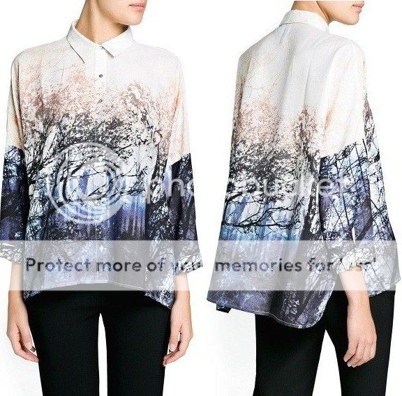 Womens European Fashion Collar Tree Print Long Sleeve Chiffon Shirt B3991