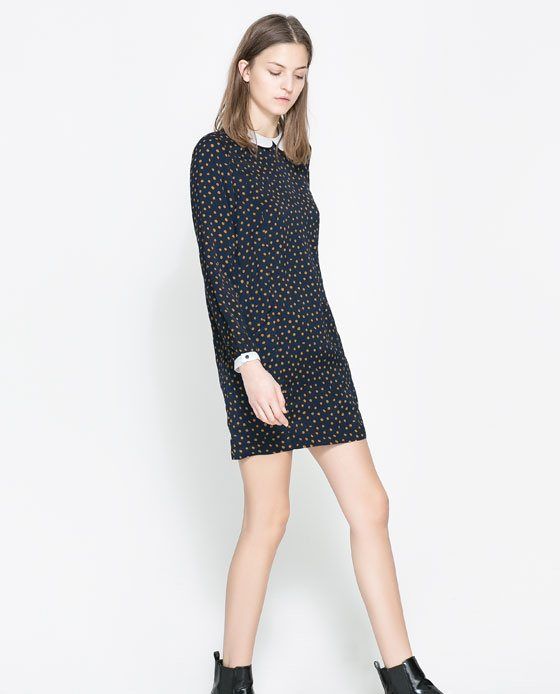 Womens European Fashion Doll Collar Dot Print Long Sleeve Mini Dress B4102