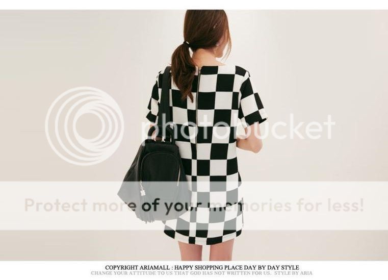New Womens European Fashion White Black Grid Print 3 4 Sleeve Mini Dress B1040