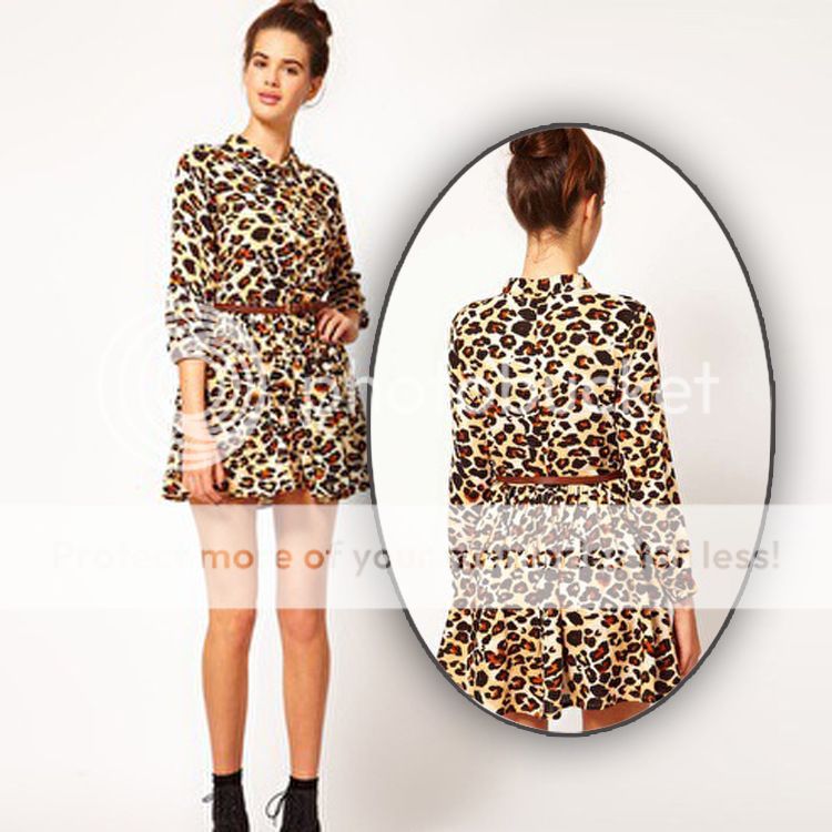 New Womens European Fashion Wild Sexy Leopard Print Long Sleeve Belt Dress B1054