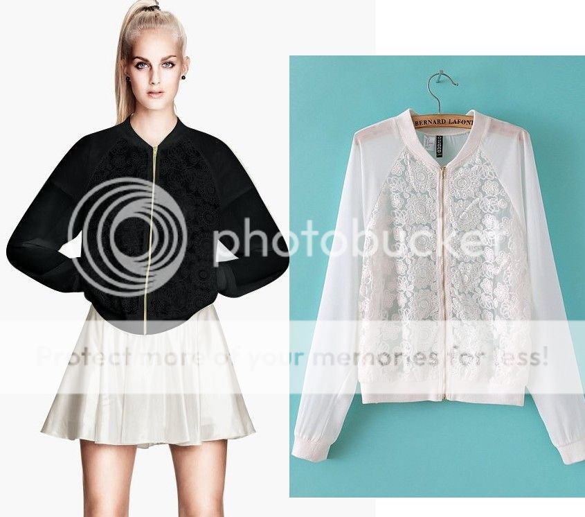 Womens Fashion V Neck Flower Lace Hollo Zip Long Sleeve Slim Coat Jacket B4183