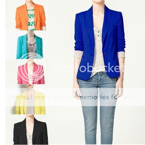 New Women Candy Color Fashion One Button Lapel Slim Blazer Jacket Suit Coat B002