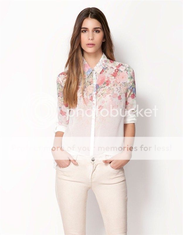 New Womens European Fashion Floral Print White Chiffon Collar Flower Shirt B1235