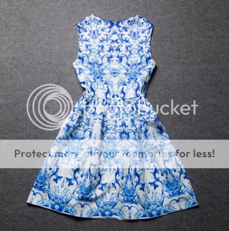 New Womens Chinese Fashion Blue White Porcelain Sleeveless Chiffon Dress B2072C