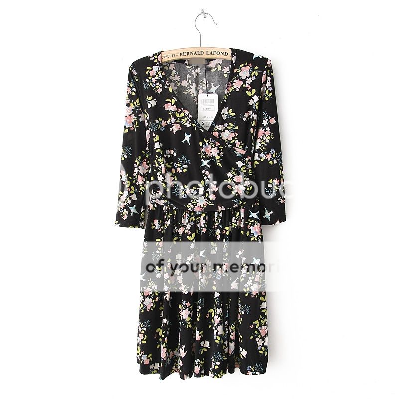 Womens European Fashion V Neck Flower Print Short Sleeve Chiffon Dress B2076MK