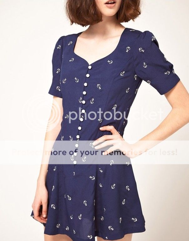 New Womens European Fashion Anchor Sail Print Short Sleeve Mini Dress Blue B2225
