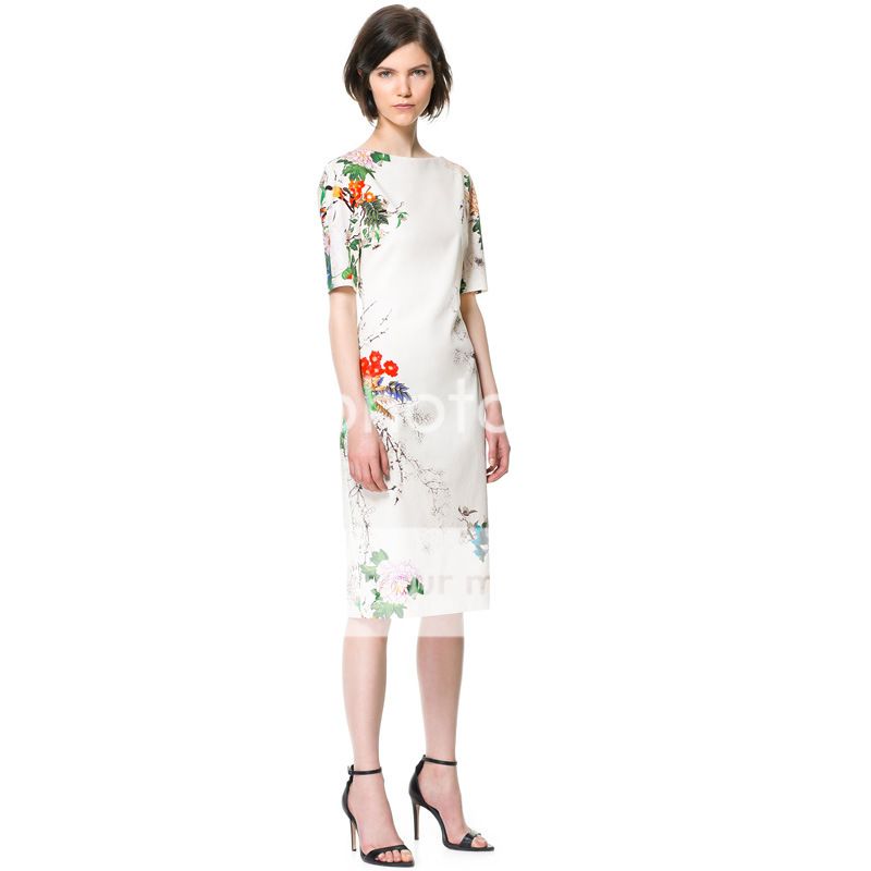 New Womens European Fashion Flower Bird Butterfly Print Short Sleeve Dress B2231