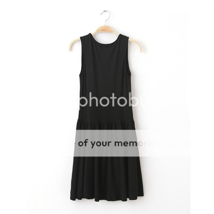 Womens Fashion Cat Laugh Cute Sleeveless Pleated Hem Black Vest Dress B2387RO