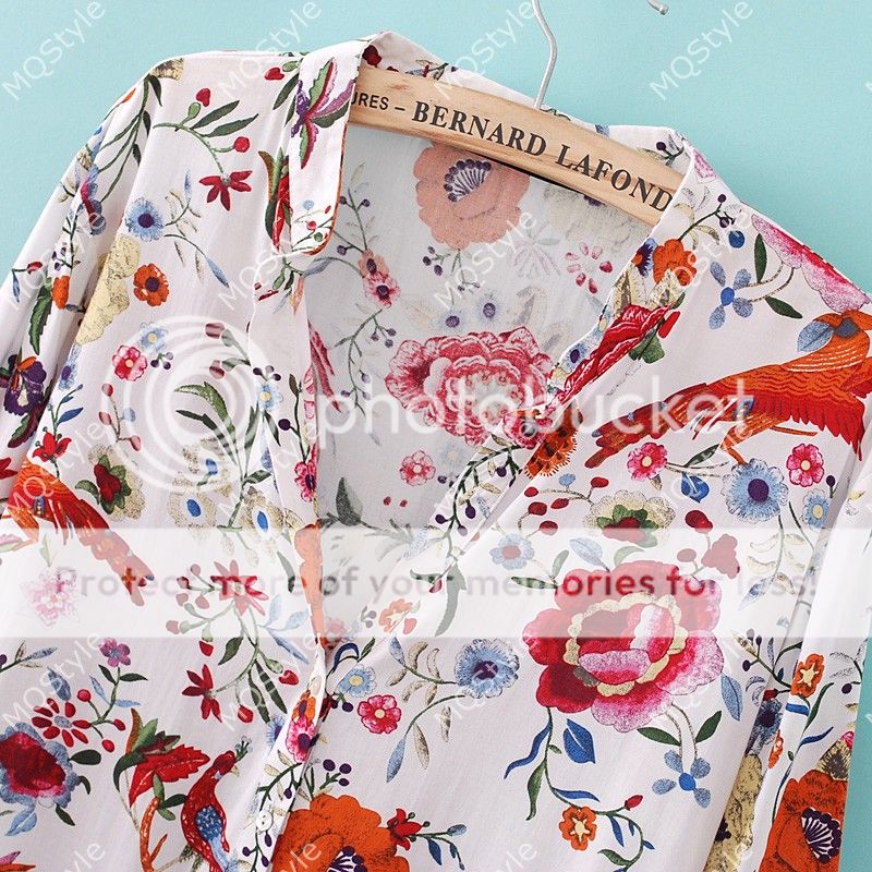 New Womens Fashion V Neck Sweet Flower Bird Print Long Sleeve Fancy Shirt B2522
