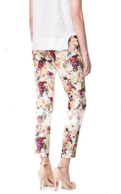 New Womens European Fashion Flower Print Slim Casual Summer 7 10 Pants B2670