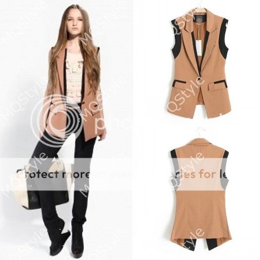 New Womens European Fashion Slim Pocket Sleeveless Vest Coat Jacket Brown B2751C
