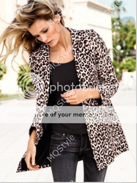 Womens European Fashion Lapel Leopard Print Blazer Jacket Trench Coat B2757