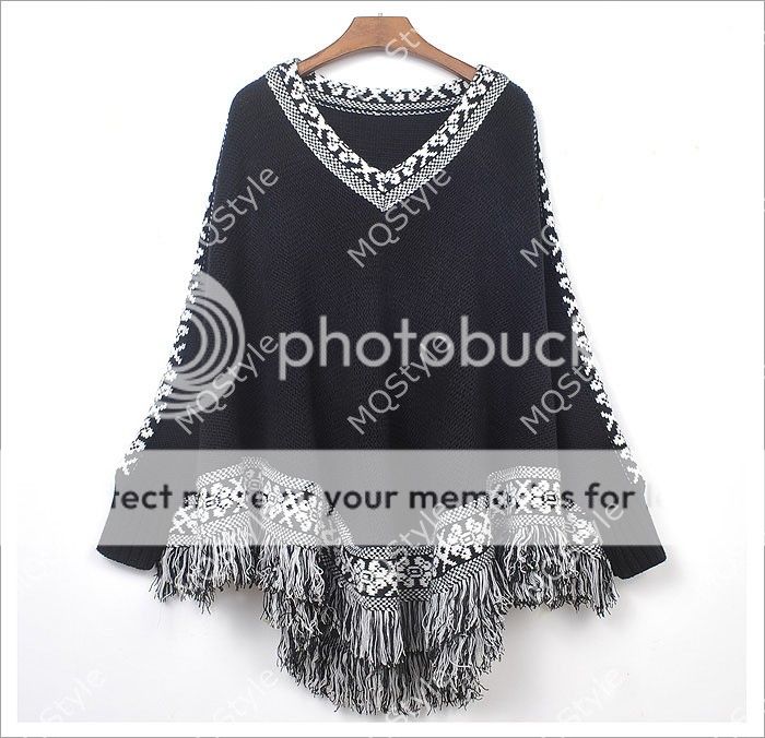 New Women Batwing Sleeve Tassels Hem Poncho Tops Knitting Sweater Cloak E905C